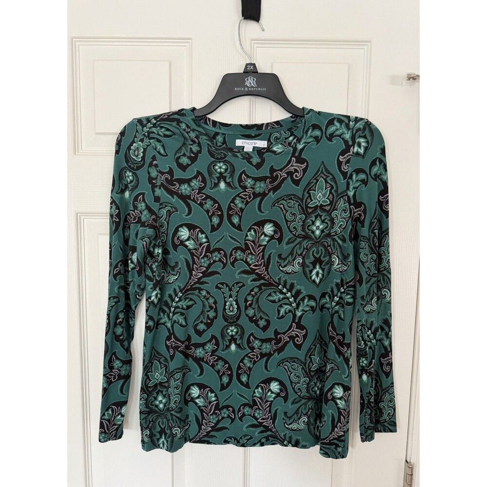 NWOT Chico's Touch Of Cool Floral Scrolls Knit Top Green Shirt Size 1 Medium